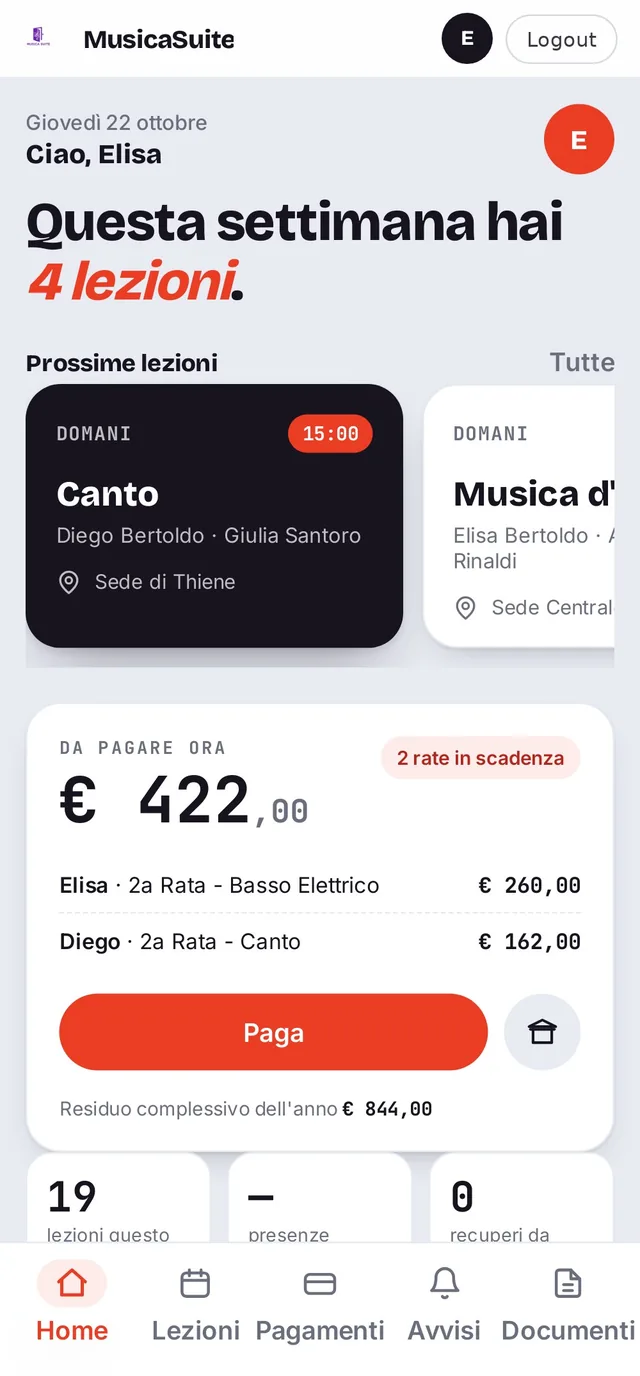 Home della famiglia: prossime lezioni, 422 euro da pagare ora e pulsante Paga